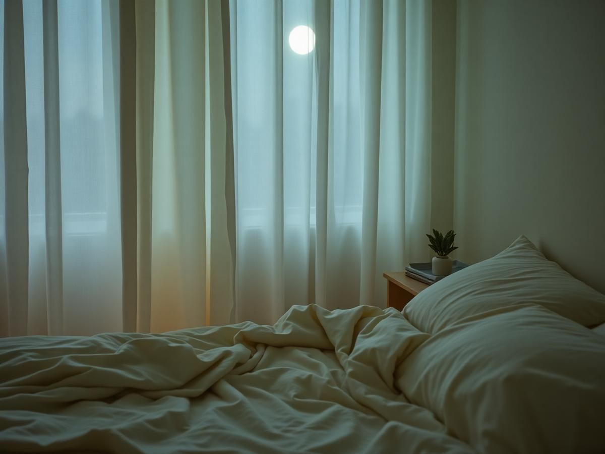 A dim bedroom at dusk with cream linen bedding, moonlight through sheer curtains and a small plant on the nightstand