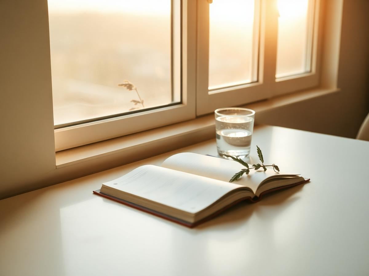 A minimal desk by a window at sunrise with an open notebook, a glass of water and a single sage leaf